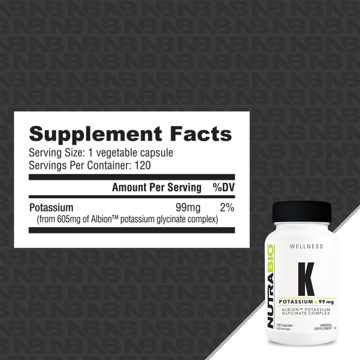 NutraBio Potassium Complex 99 mg – 120 Capsules — Supplement Facts