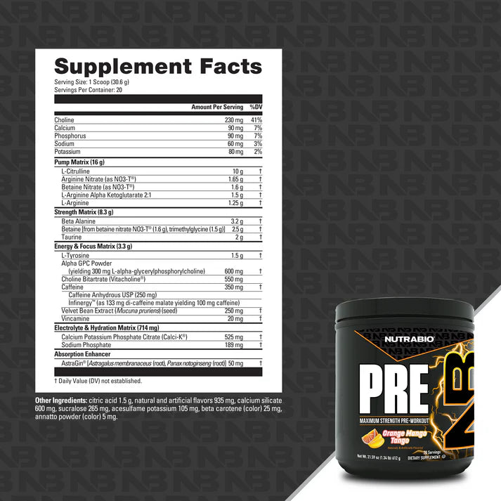NutraBio PRE Pre Workout Ingredients Panel – Fully Dosed Performance Formula