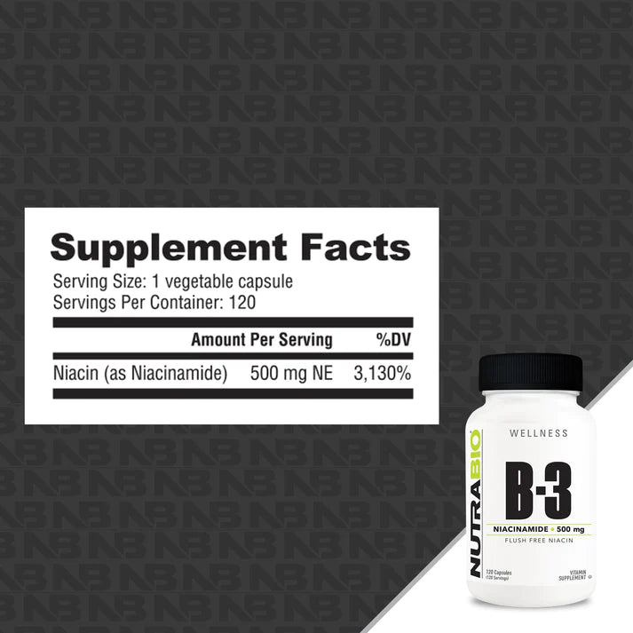 NutraBio Niacinamide (B-3) 500mg – 120 Capsules