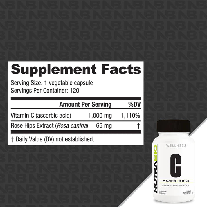 NutraBio Vitamin C 1000mg with Rose Hips – 120 Capsules