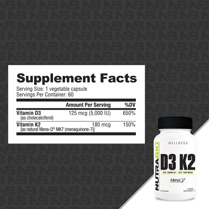 NutraBio Vitamin D3 K2 – 60 Capsules