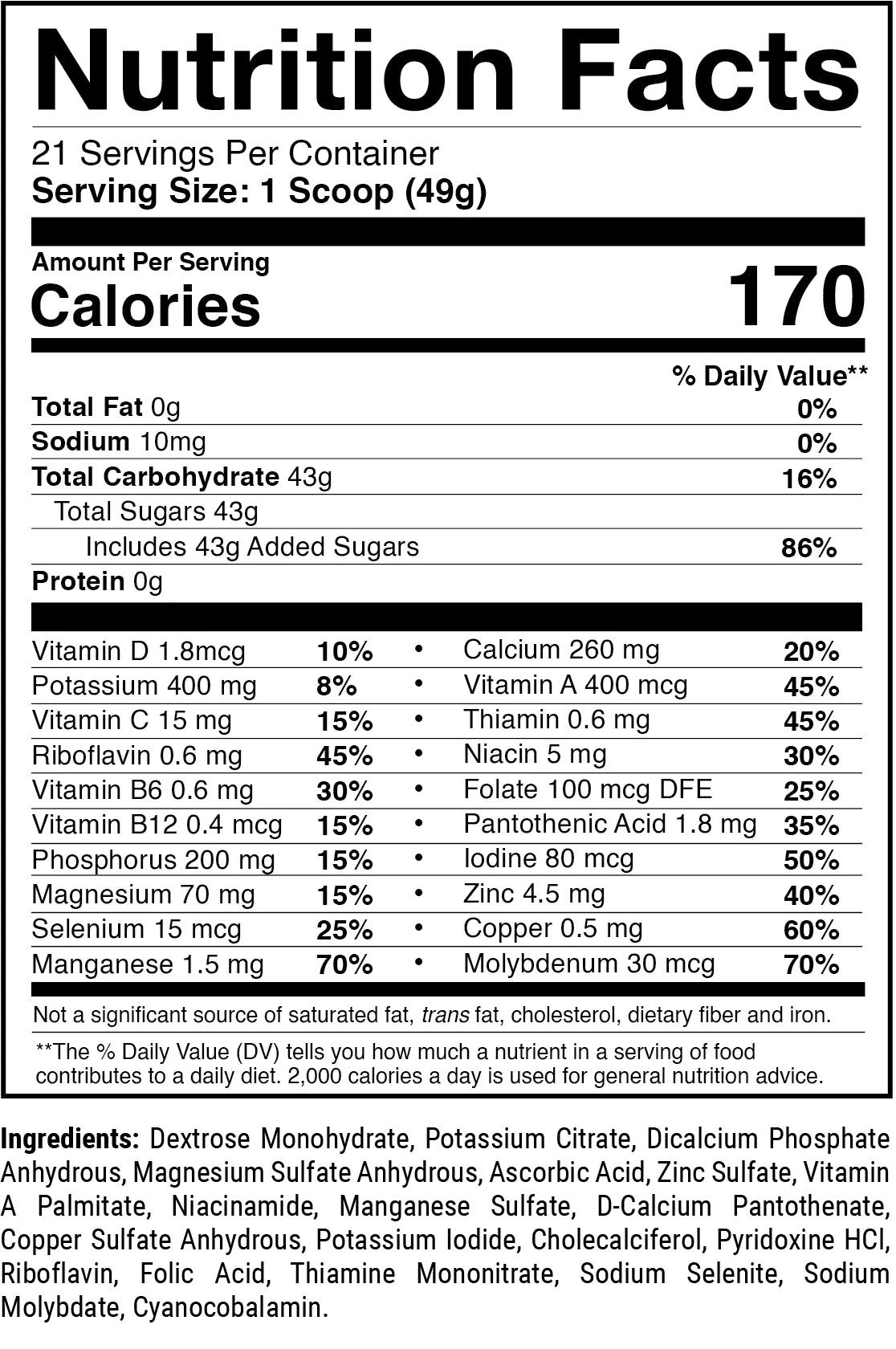 1st Phorm Ignition Carbohydrate Supplement -Nutrition Facts