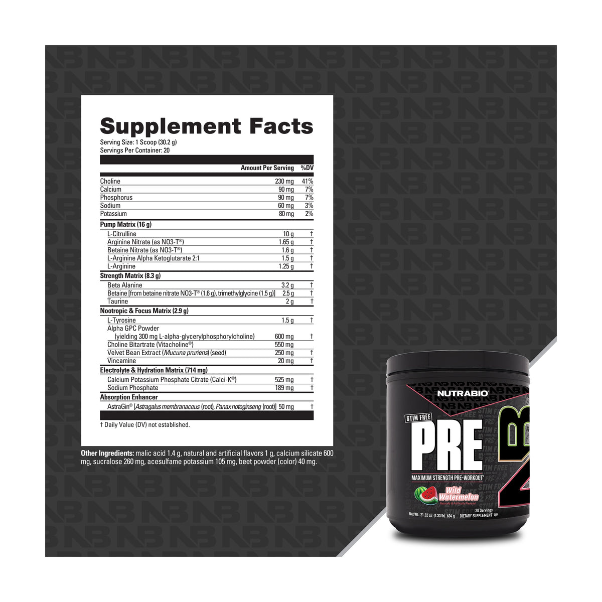 NutraBio PRE Stim Free — Supplement Facts and label information