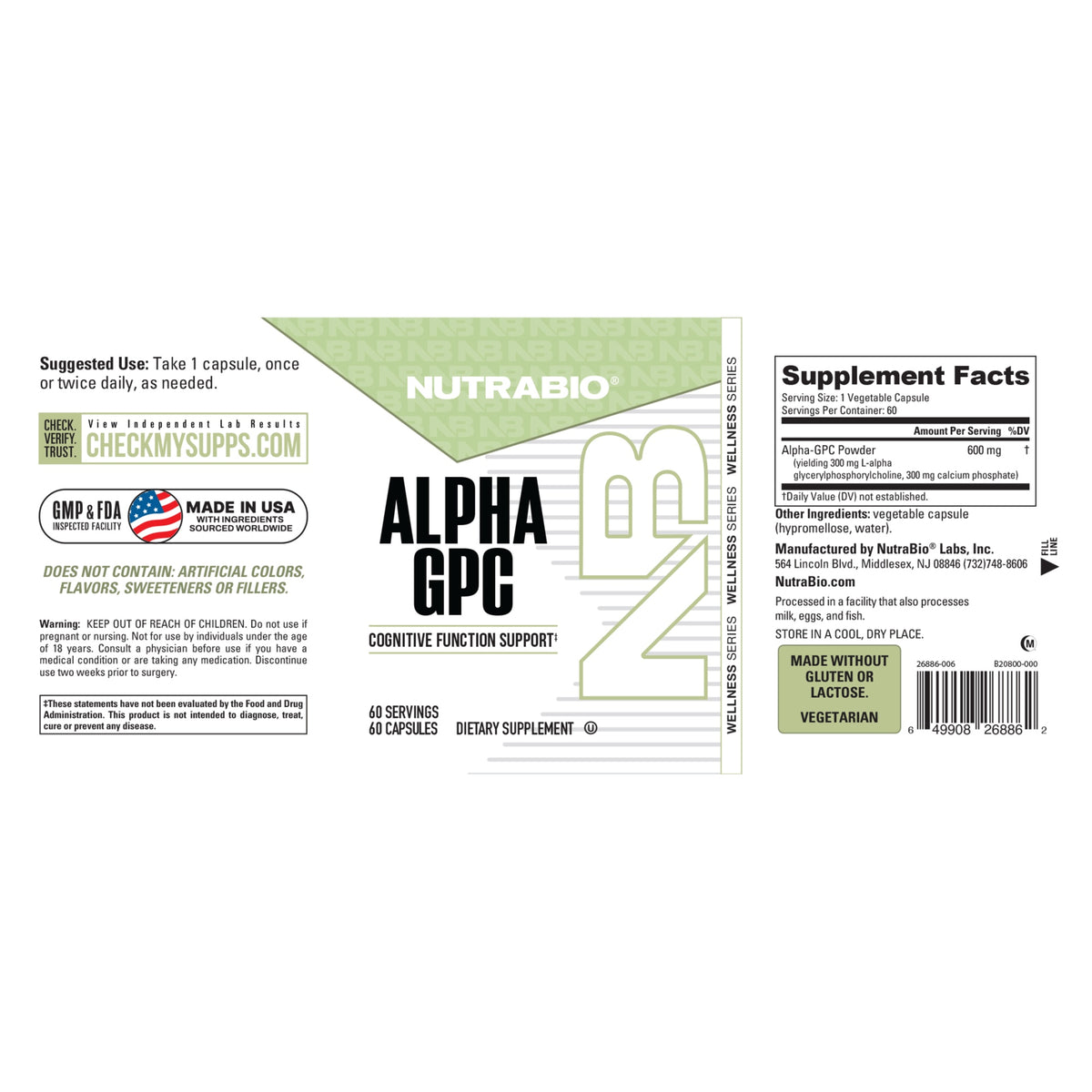 NutraBio Alpha GPC 60 Capsules – Supplement Facts and full label