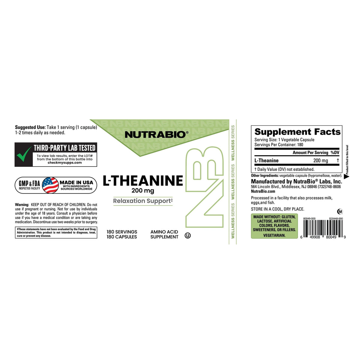 NutraBio L-Theanine 180-capsule full label with ingredients, directions and warnings