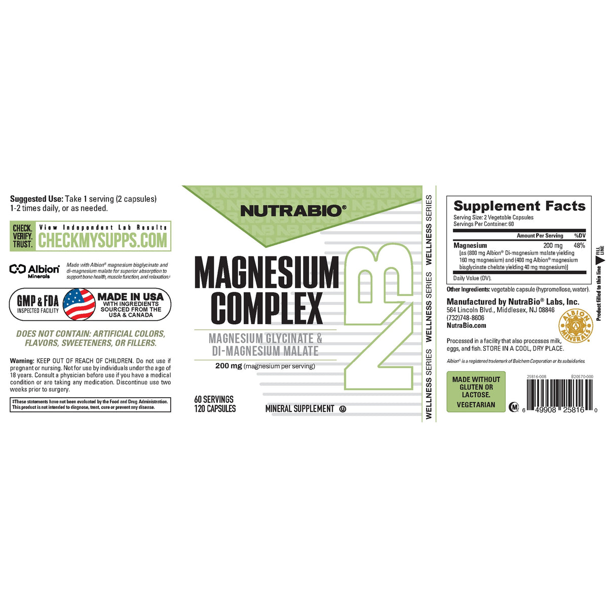 NutraBio Magnesium Complex 120 Capsules – Supplement Facts and full label