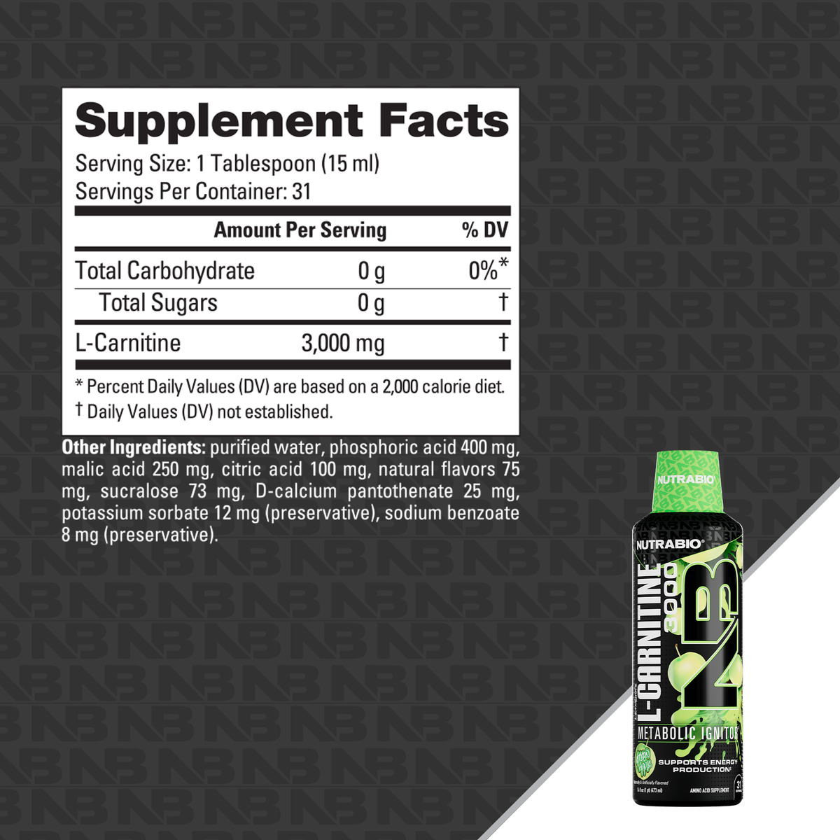 NutraBio LeanShots Liquid L-Carnitine 3000mg — Green Apple Supplement Facts