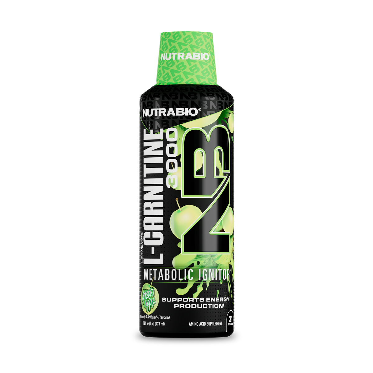 NutraBio LeanShots Liquid L-Carnitine 3000mg — Green Apple bottle on white background