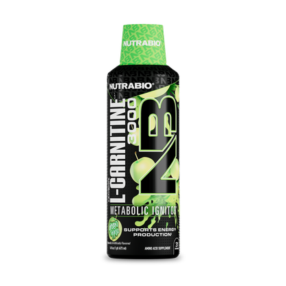 NutraBio LeanShots Liquid L-Carnitine 3000mg — Green Apple bottle on white background