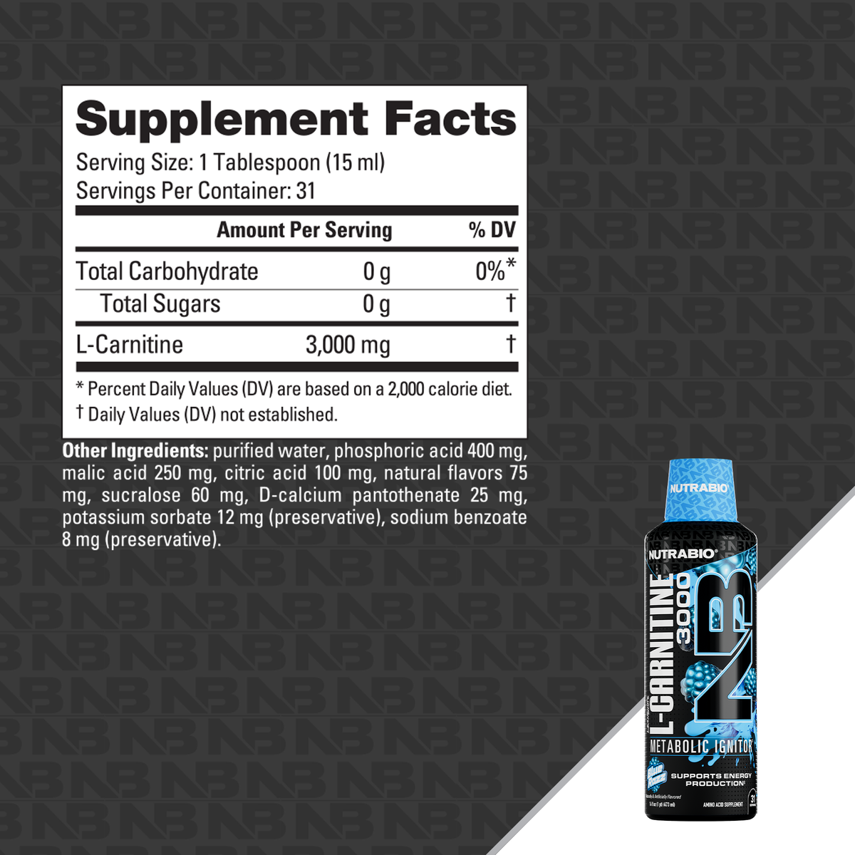 NutraBio LeanShots Liquid L-Carnitine 3000mg — Blue Razz Supplement Facts