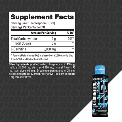 NutraBio LeanShots Liquid L-Carnitine 3000mg — Blue Razz Supplement Facts