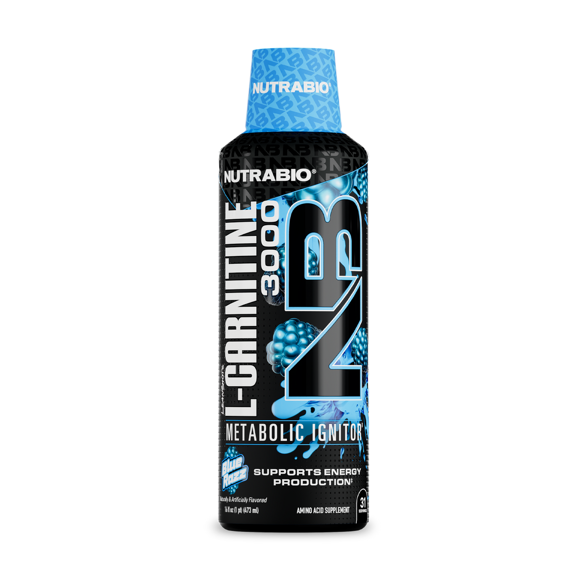 NutraBio LeanShots Liquid L-Carnitine 3000mg — Blue Razz bottle on white background