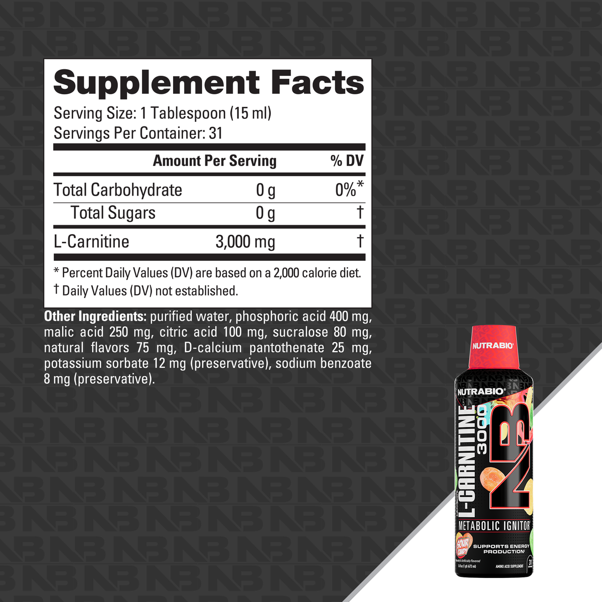 NutraBio LeanShots Liquid L-Carnitine 3000mg — Sour Candy Supplement Facts