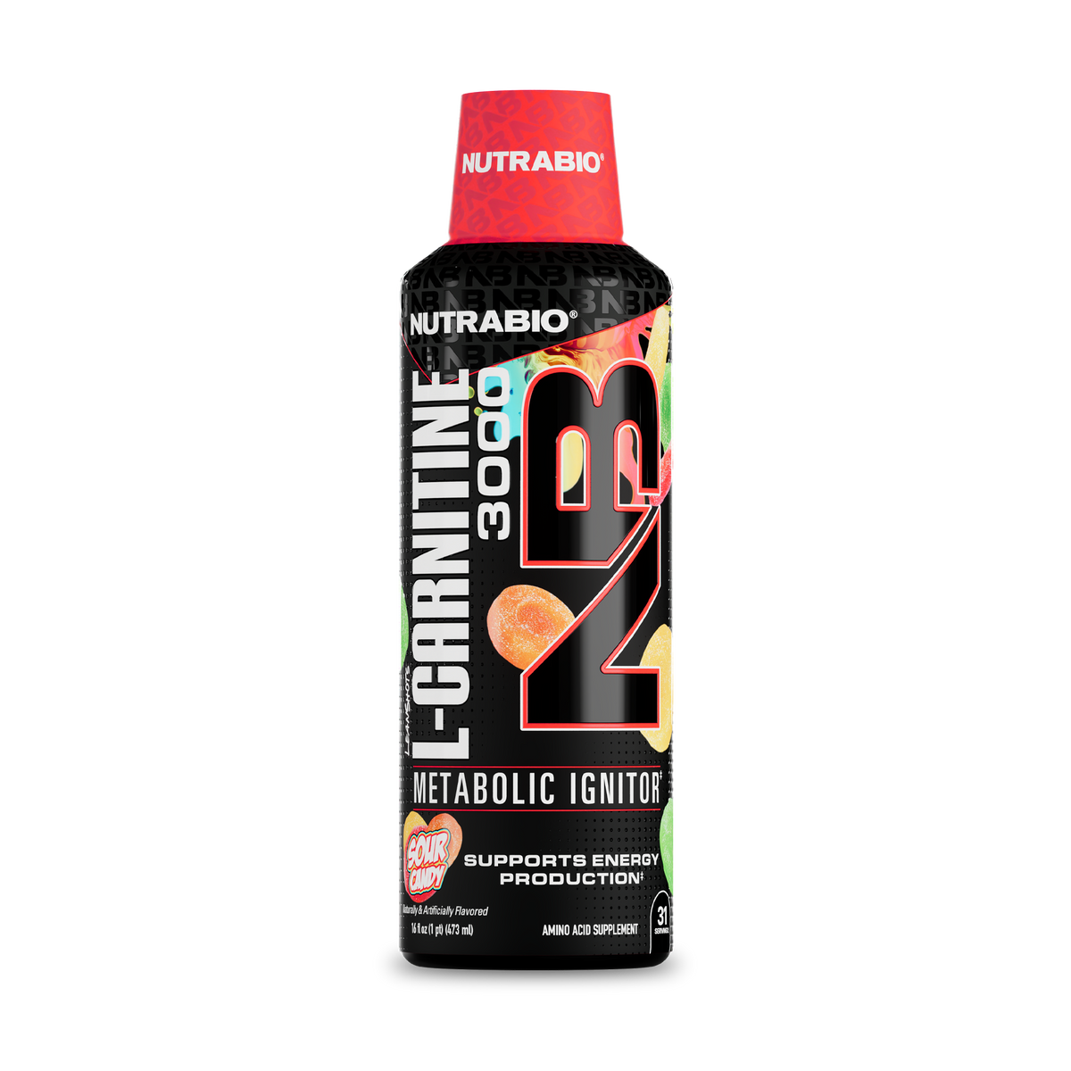 NutraBio LeanShots Liquid L-Carnitine 3000mg — Sour Candy bottle on white background