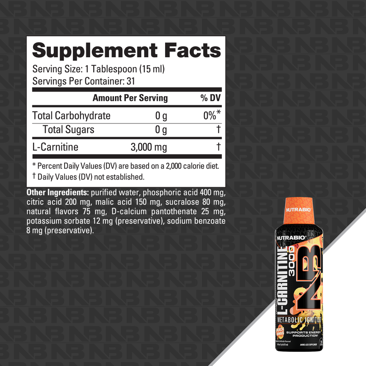 NutraBio LeanShots Liquid L-Carnitine 3000mg — Peach Rings Supplement Facts