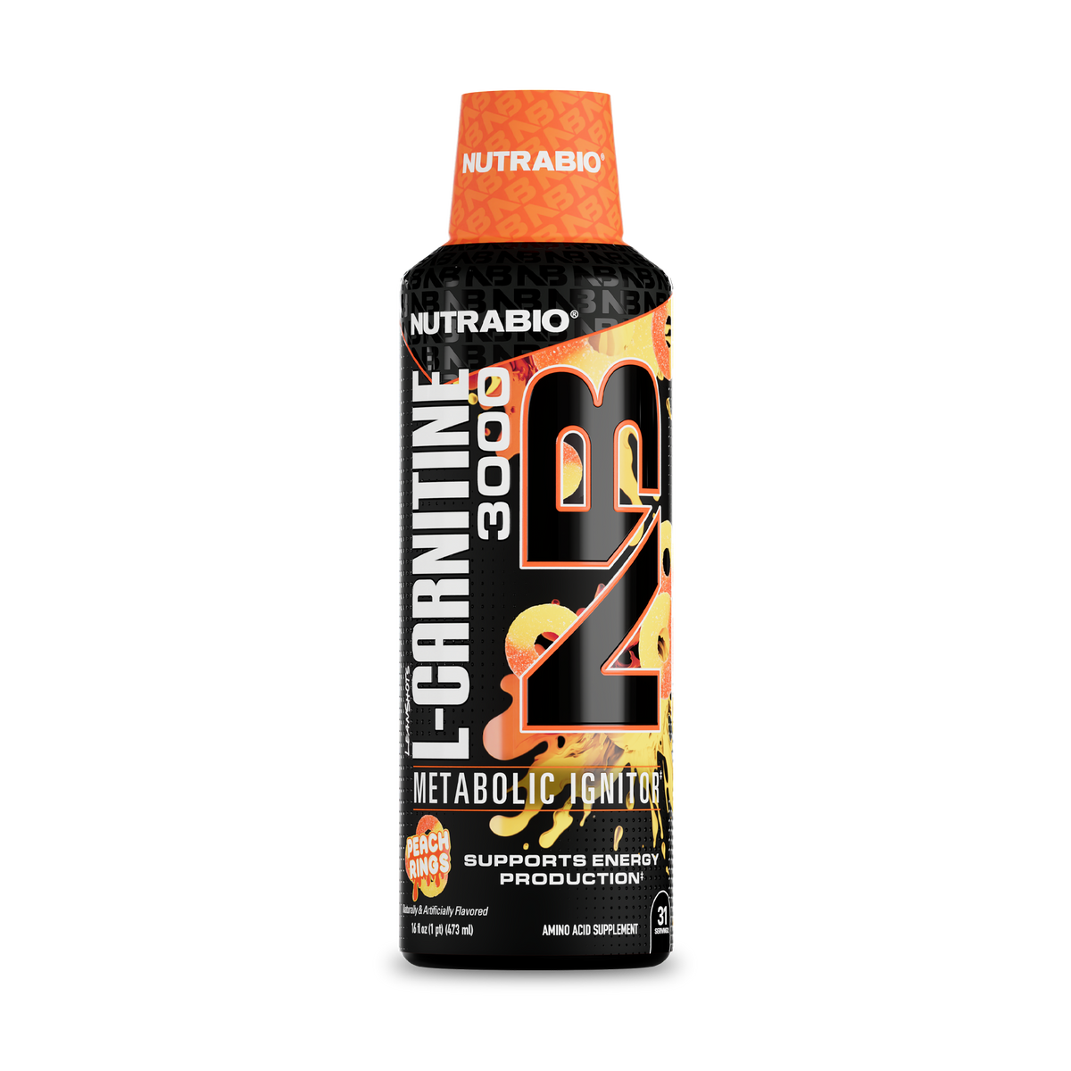 NutraBio LeanShots Liquid L-Carnitine 3000mg — Peach Rings bottle on white background
