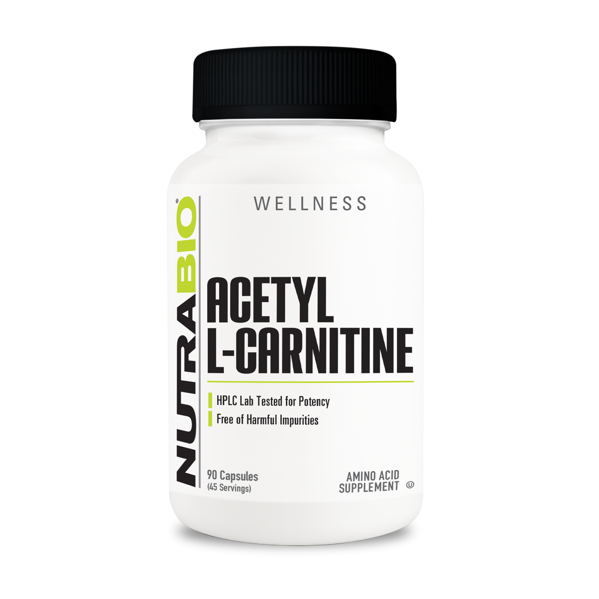 NutraBio Acetyl L-Carnitine 500mg – 90 Capsules — 45 Servings bottle on white background