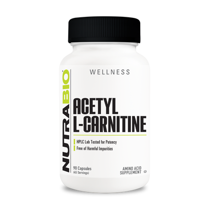 NutraBio Acetyl L-Carnitine 500mg – 90 Capsules — 45 Servings bottle on white background