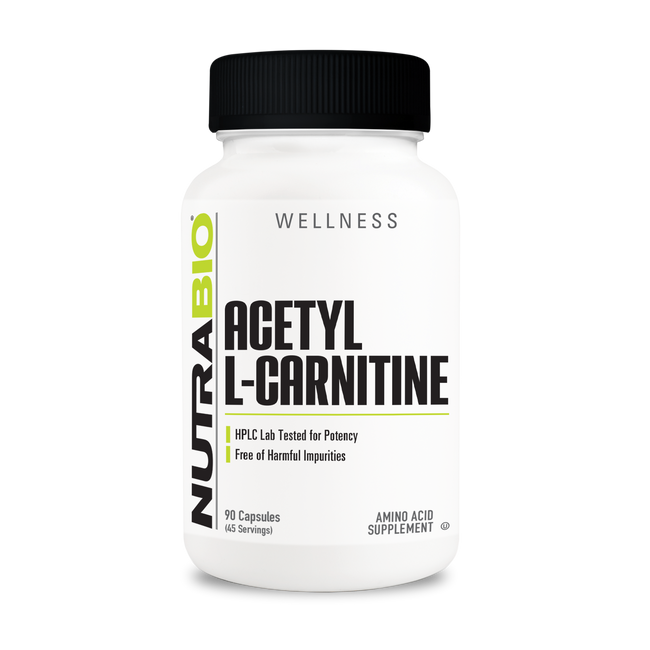NutraBio Acetyl L-Carnitine 500mg – 90 Capsules — 45 Servings bottle on white background