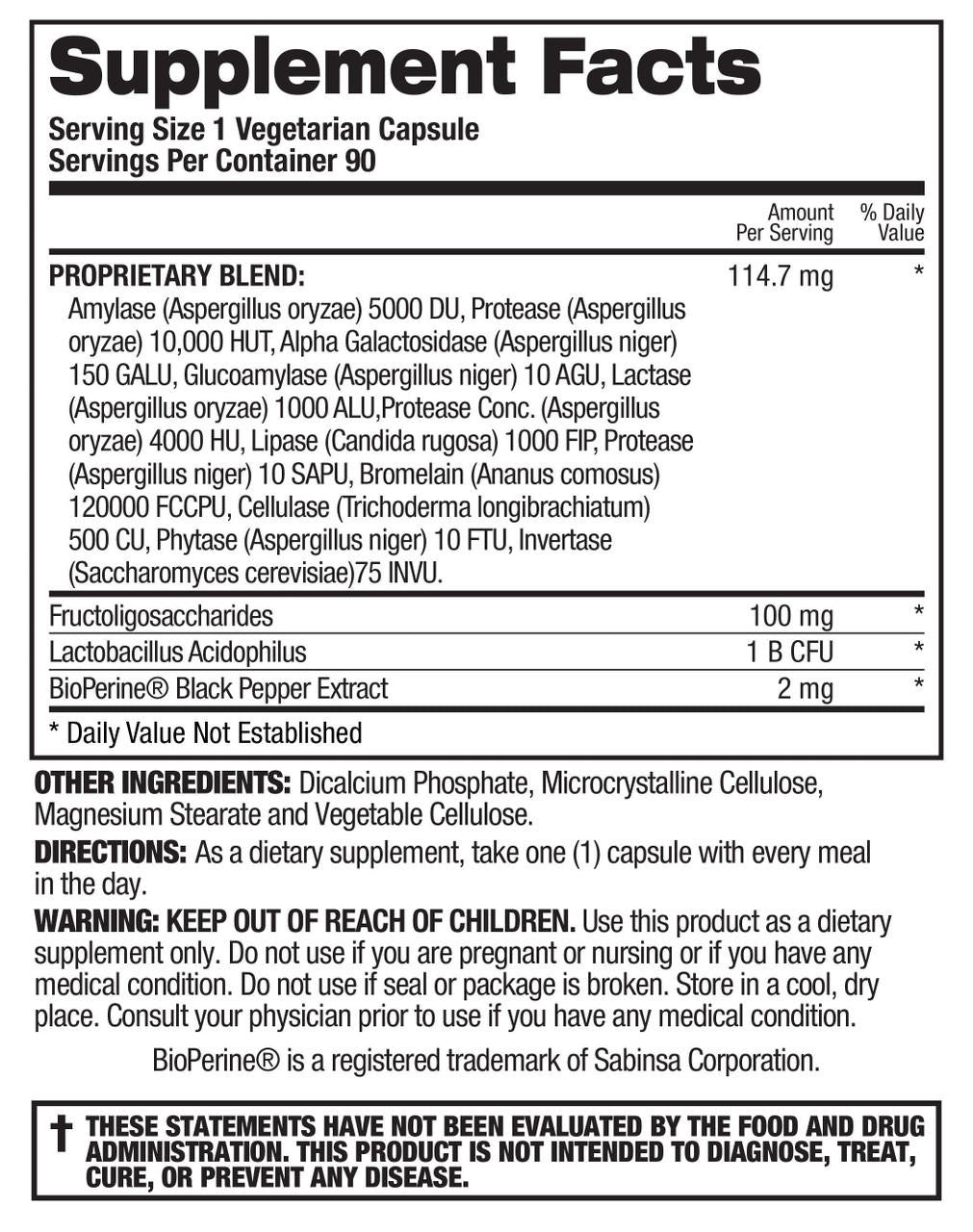 Top Secret Nutrition Digestive Enzymes Pre & Probiotics – 90 Capsules — Supplement Facts