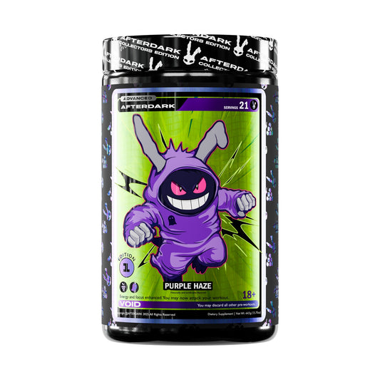 AfterDark Void Pre-Workout Purple Haze bottle on a white background