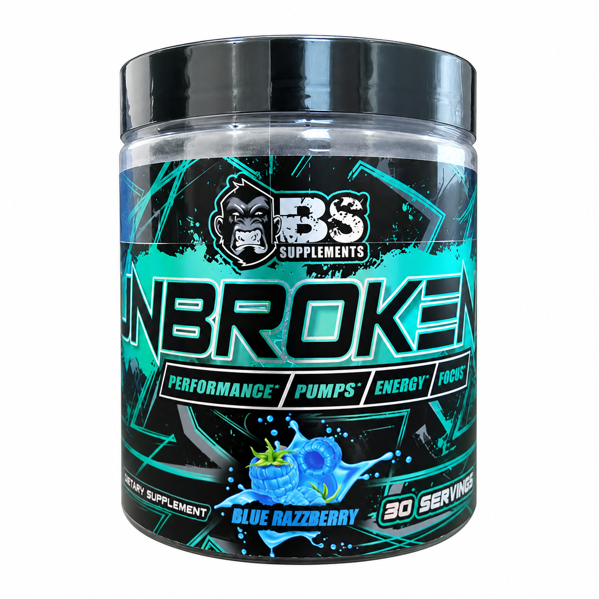 BS Supplements Unbroken Pre-Workout — Blue Razzberry tub on white background