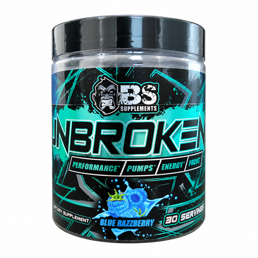 BS Supplements Unbroken Pre-Workout — Blue Razzberry tub on white background