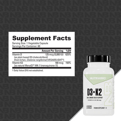 NutraBio Vitamin D3 + K2 – High-Potency Bone, Heart & Immune Health Support (5000 IU D3 / 180 mcg K2)