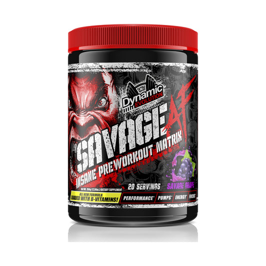 Dynamic Evolution Savage AF 2.0 Pre-Workout Savage Grape on a white background