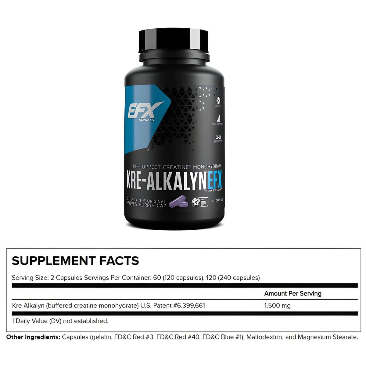 EFX Sports Kre-Alkalyn 120 Capsules – Supplement Facts and full label