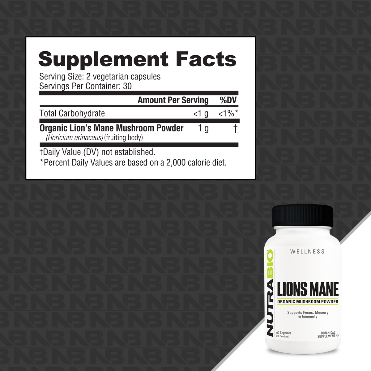 NutraBio Lion's Mane 500mg 60 Capsules — Supplement Facts