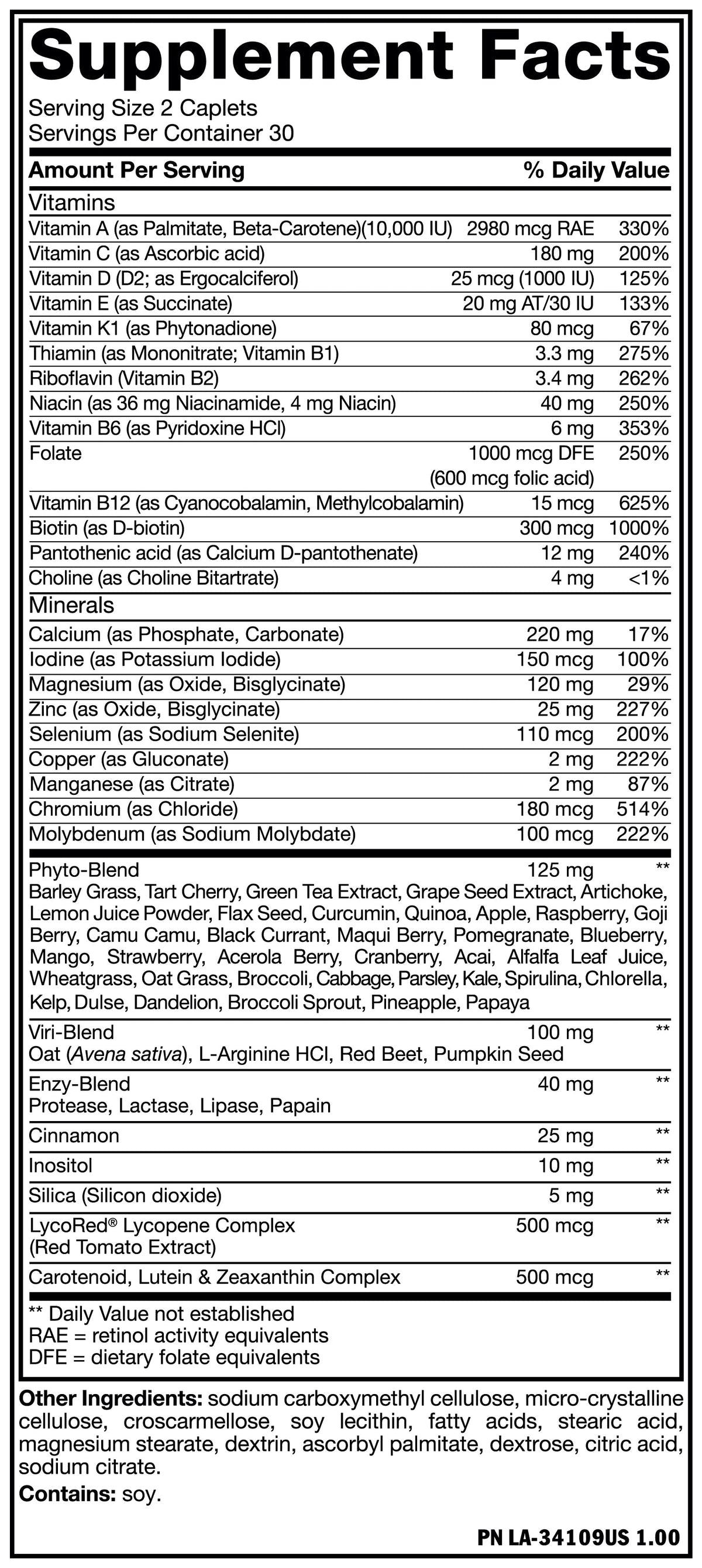 MUTANT Multi 60 Tablets — Supplement Facts