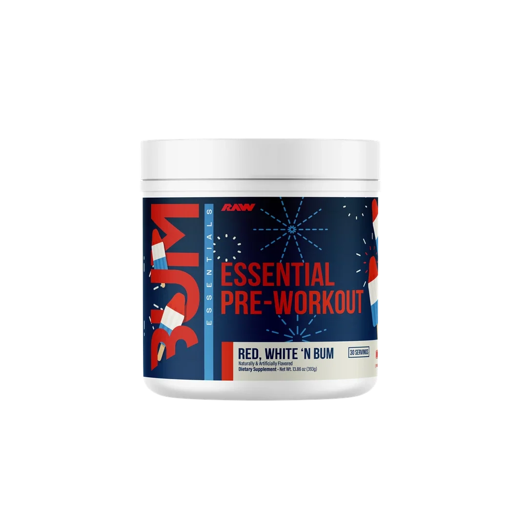 RAW Essential Pre-Workout – 30 Servings — Red, White & Bum product front