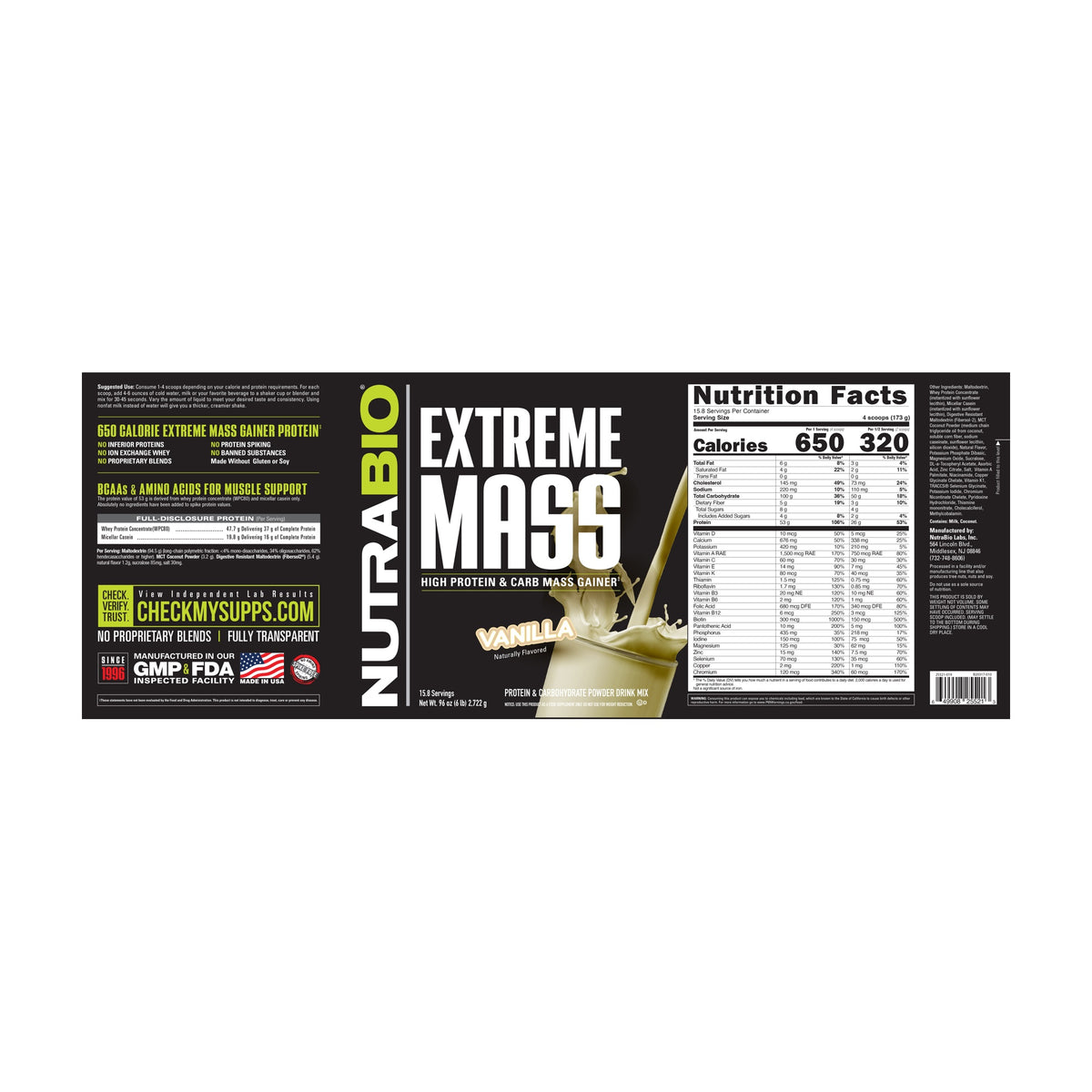 NutraBio Extreme Mass Gainer – 6 lb — Vanilla complete label