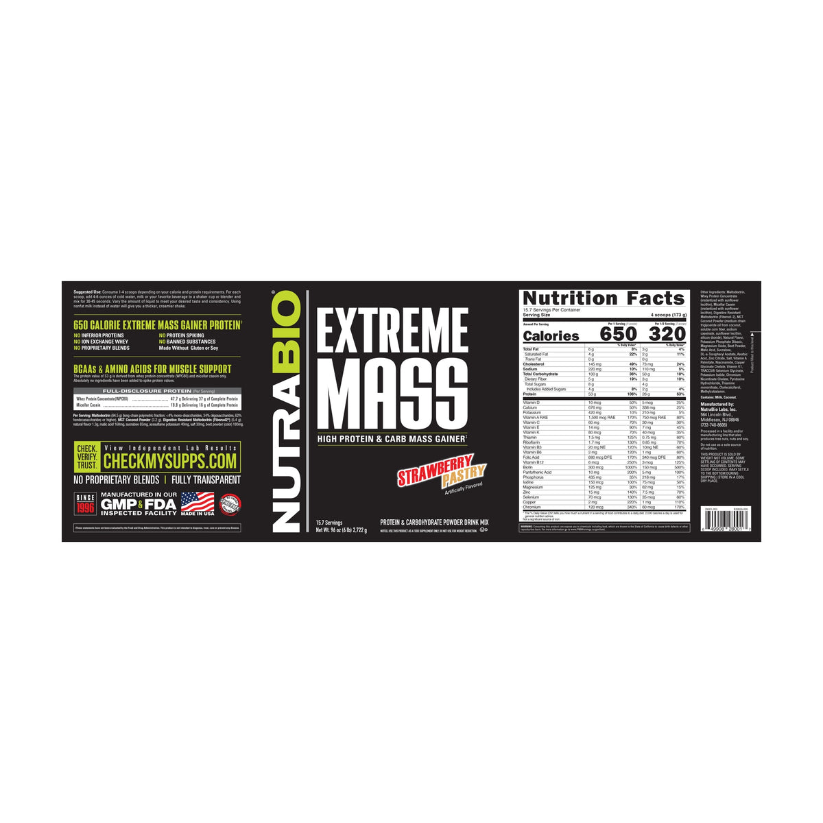NutraBio Extreme Mass Gainer – 6 lb — Strawberry Pastry complete label