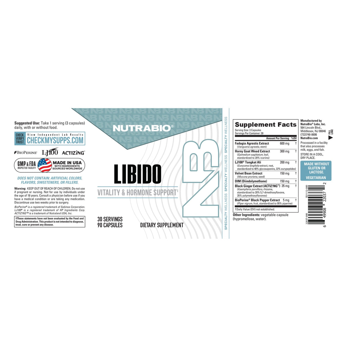 NutraBio Libido – 90 Capsules — full label with directions and warnings