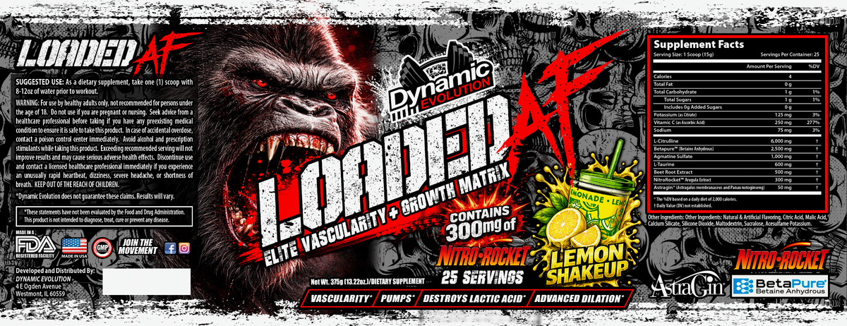 Dynamic Evolution Loaded AF — Lemon Shake Up full label and Supplement Facts