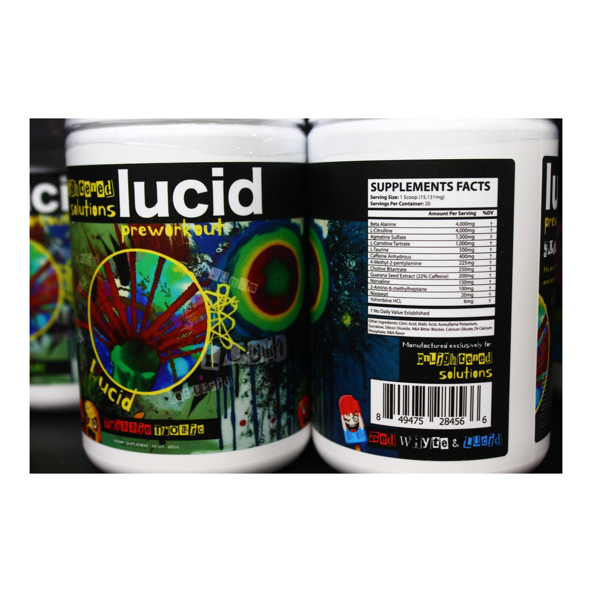 Enlightened Solutions Lucid — Trippie Tropic bottle beside Red Whyte & Lucid Supplement Facts label