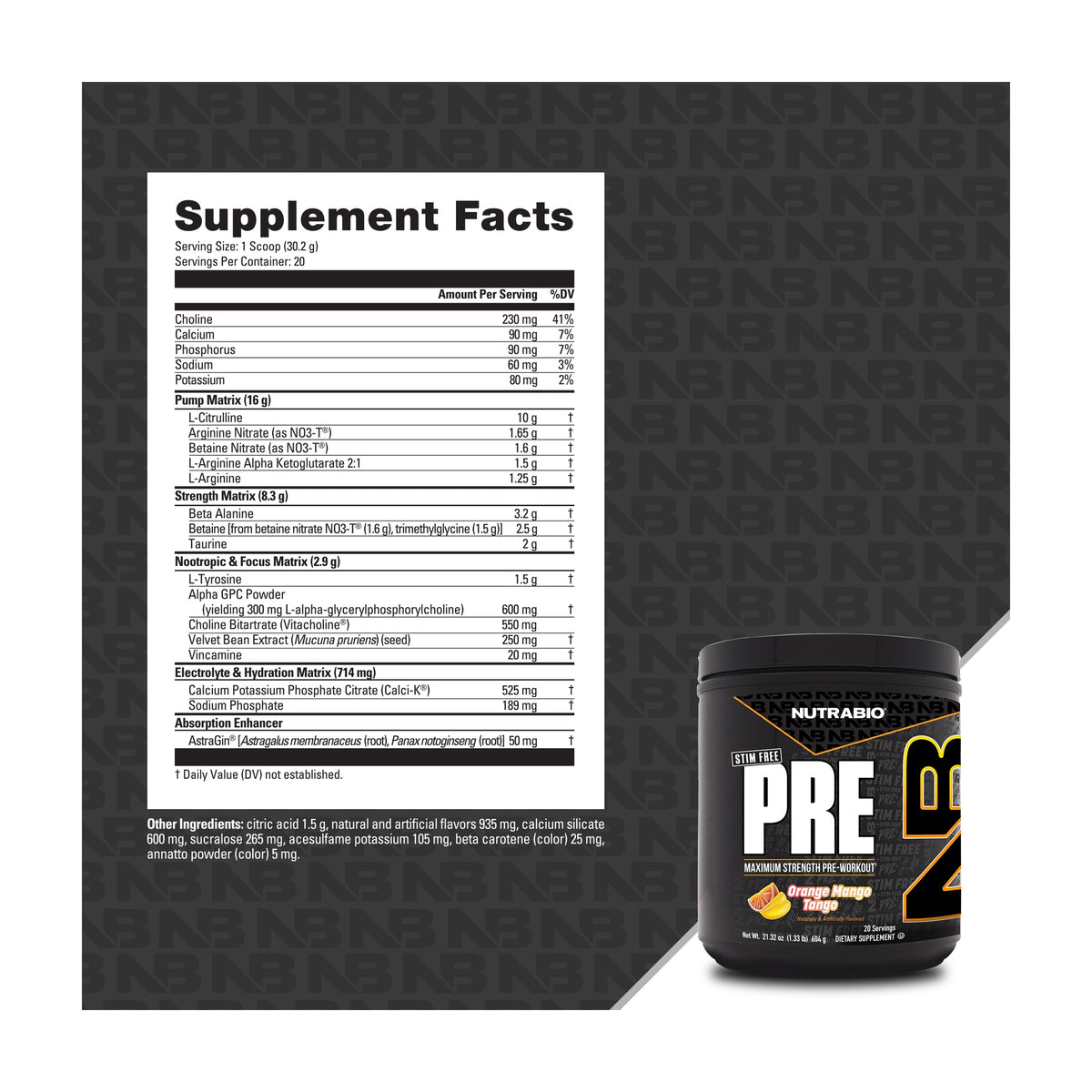 NutraBio PRE Stim Free — Supplement Facts and label information