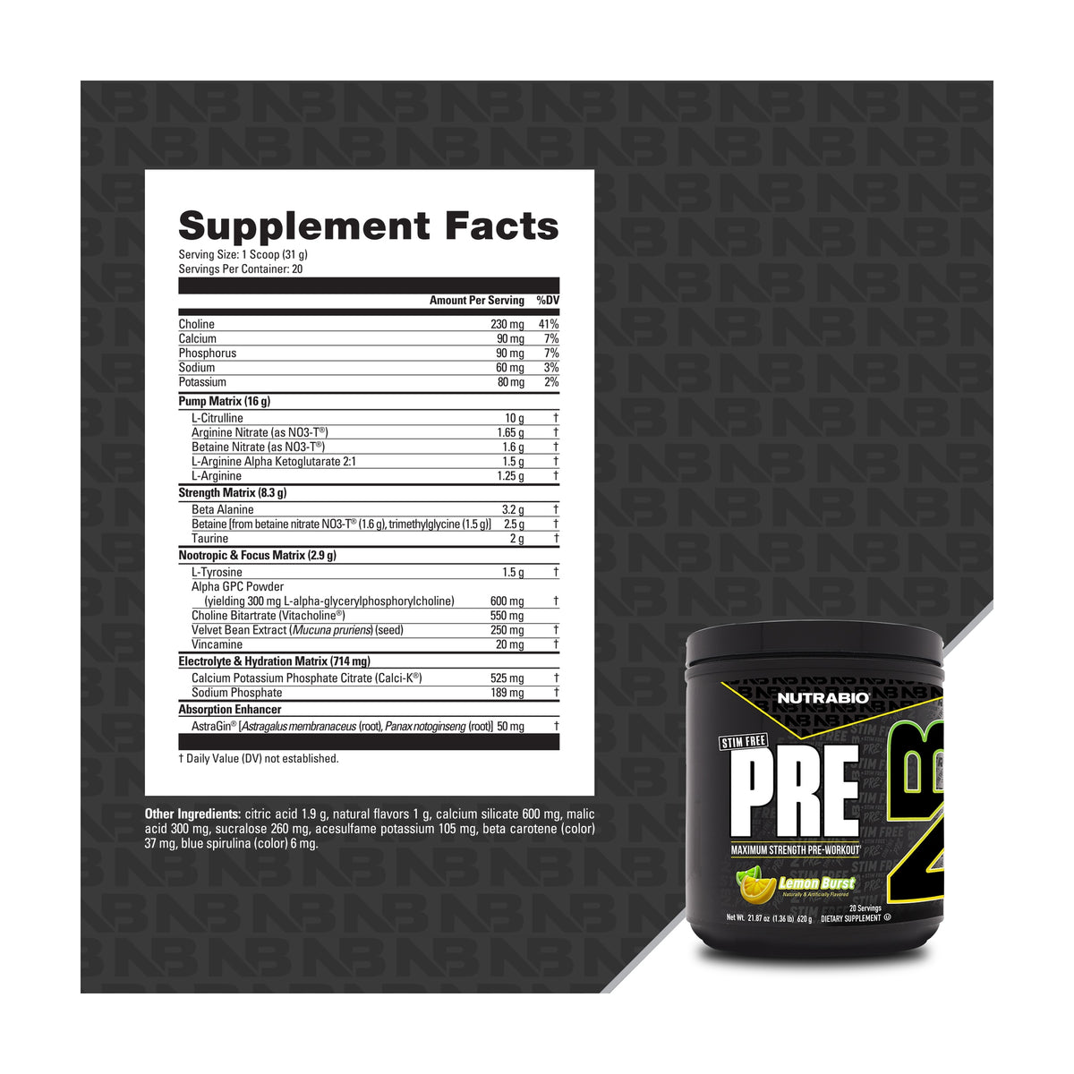 NutraBio PRE Stim Free — Supplement Facts and label information