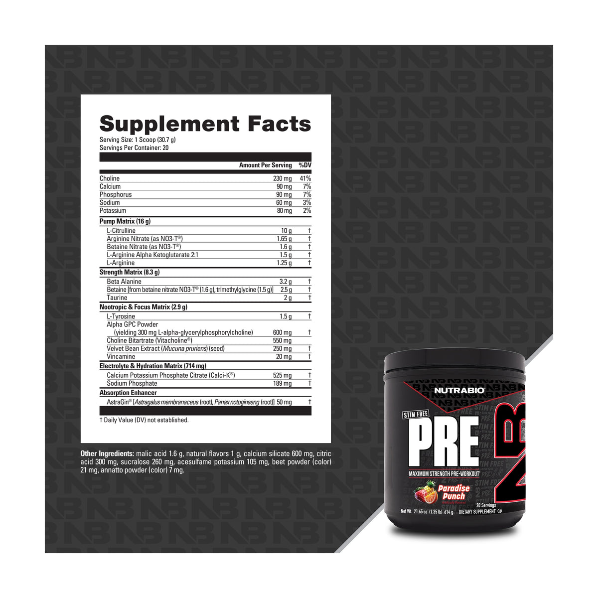 NutraBio PRE Stim Free — Supplement Facts and label information