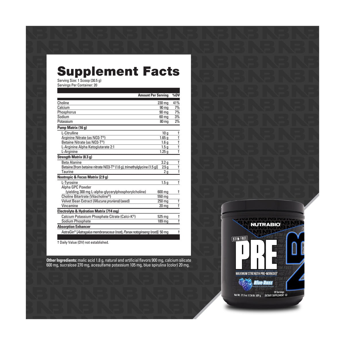 NutraBio PRE Stim Free — Supplement Facts and label information