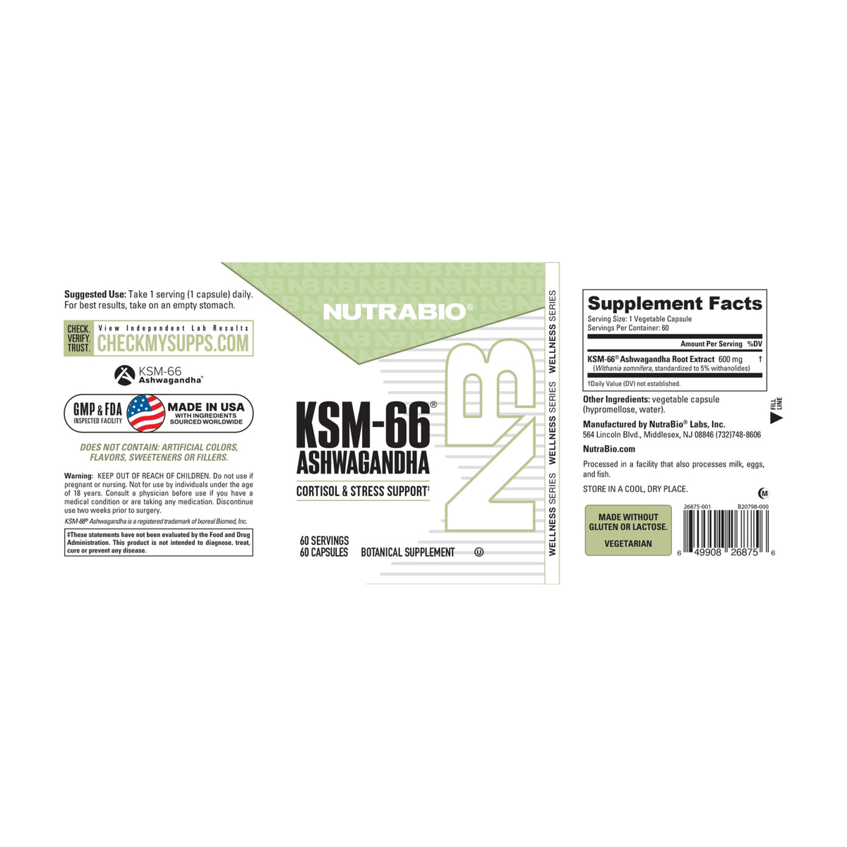 NutraBio KSM-66 Ashwagandha – 60 or 90 Capsules — 60 Capsules full label