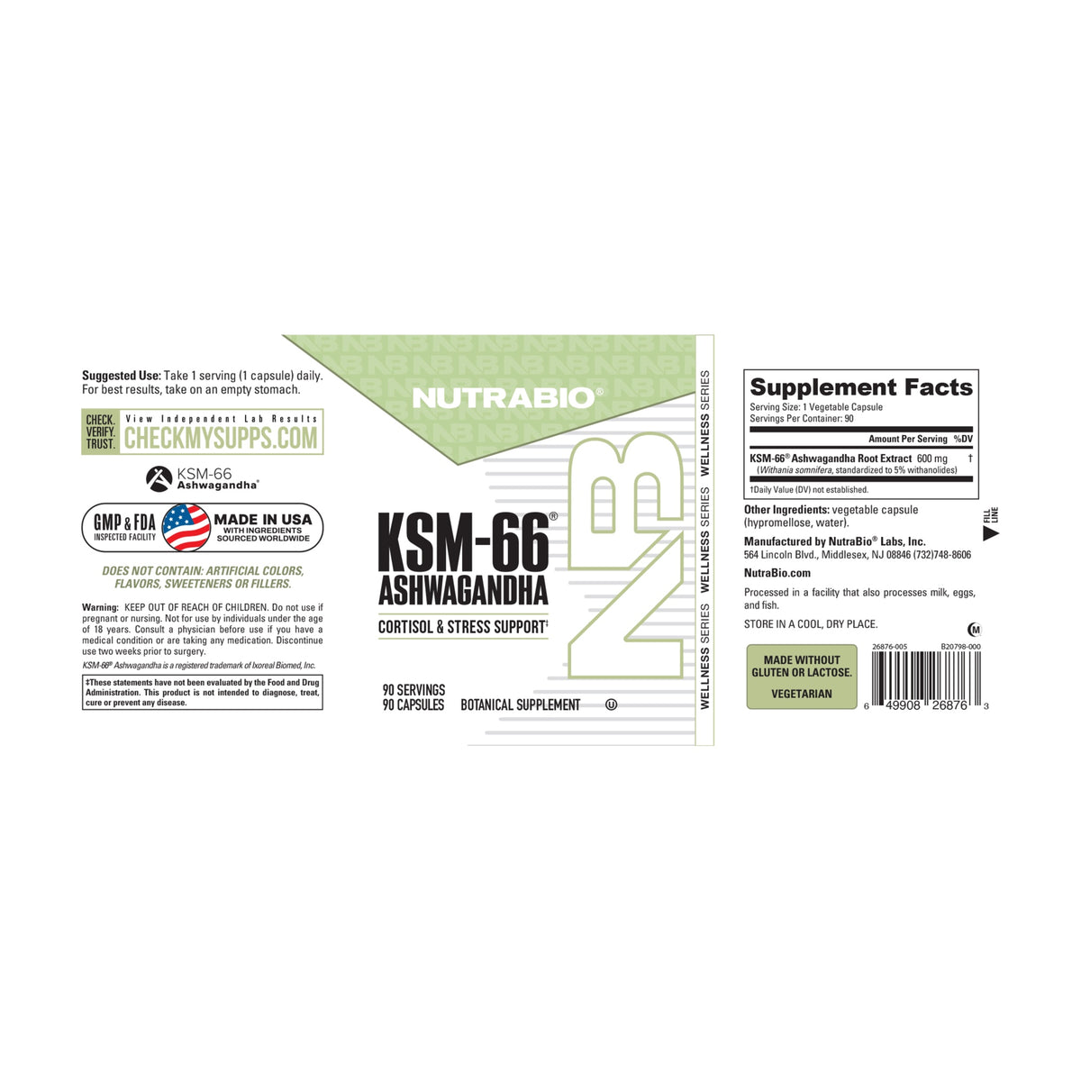 NutraBio KSM-66 Ashwagandha – 60 or 90 Capsules — 90 Capsules full label