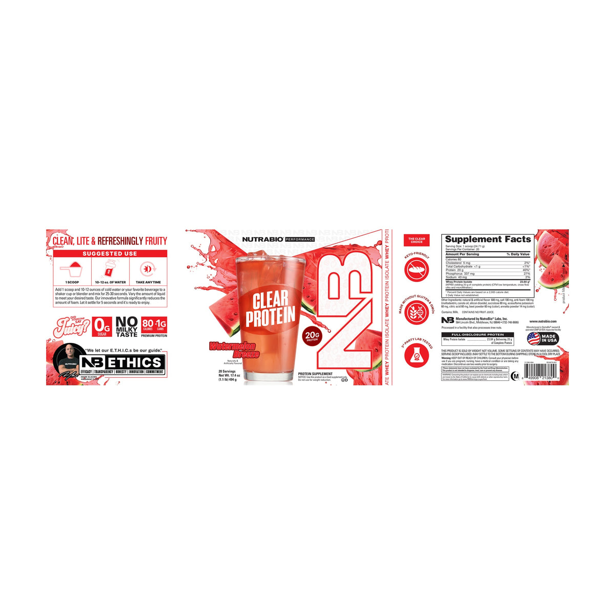 NutraBio Clear Whey Protein Isolate — Supplement Facts 17 — complete label