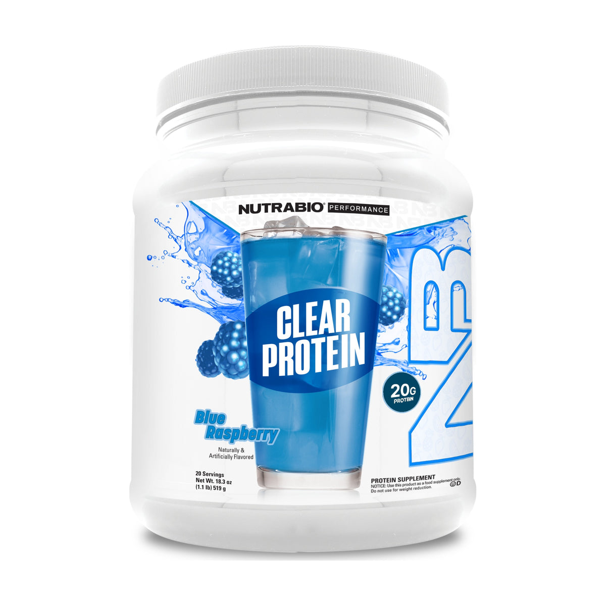 NutraBio Clear Whey Protein Isolate — Blue Raspberry — product container