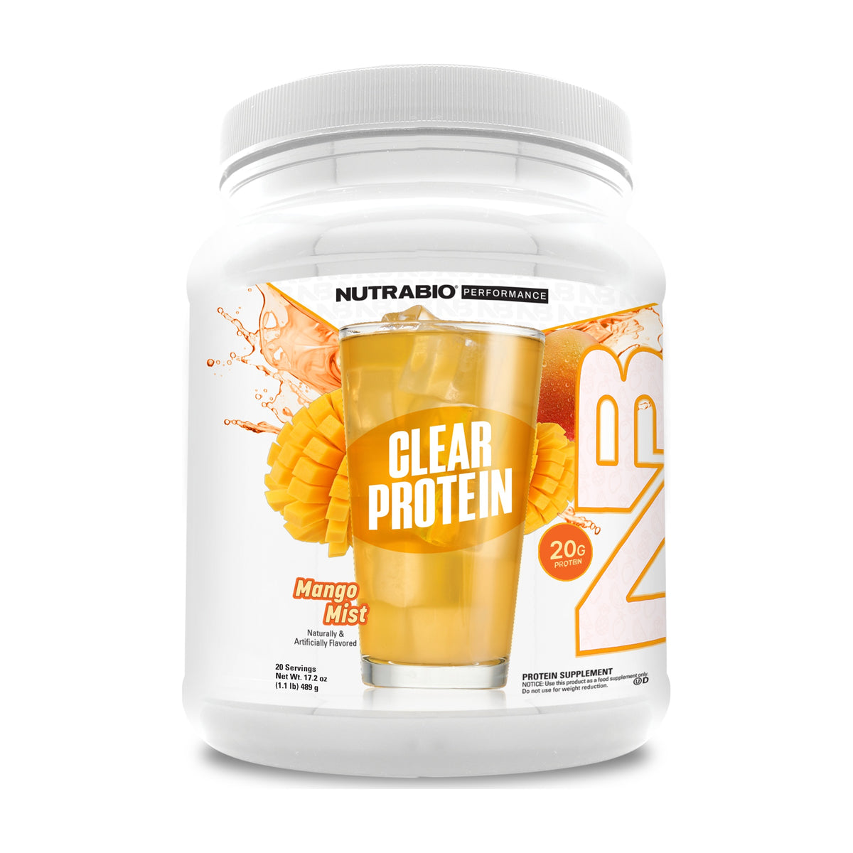 NutraBio Clear Whey Protein Isolate — Mango Mist — product container