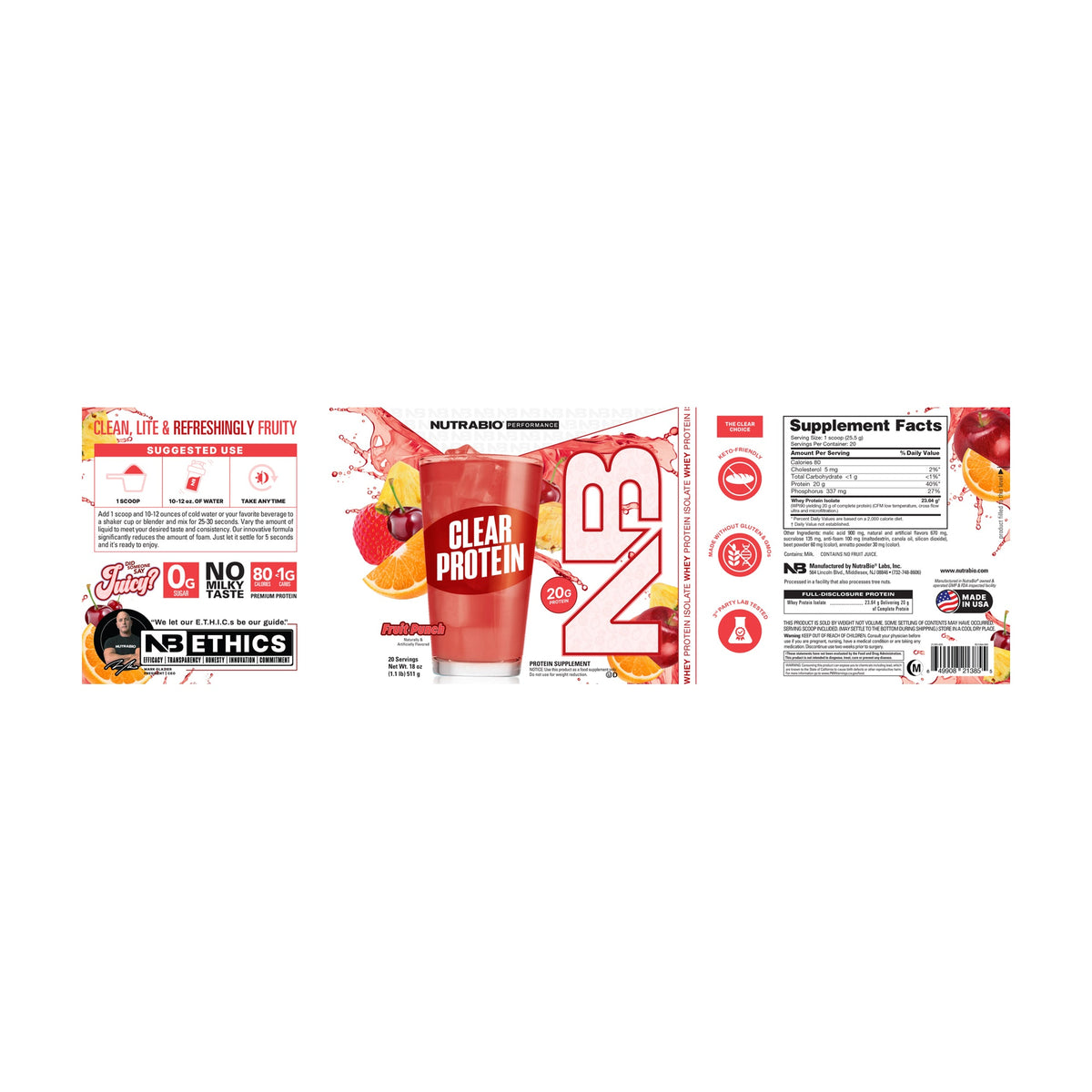 NutraBio Clear Whey Protein Isolate — Supplement Facts 2 — complete label
