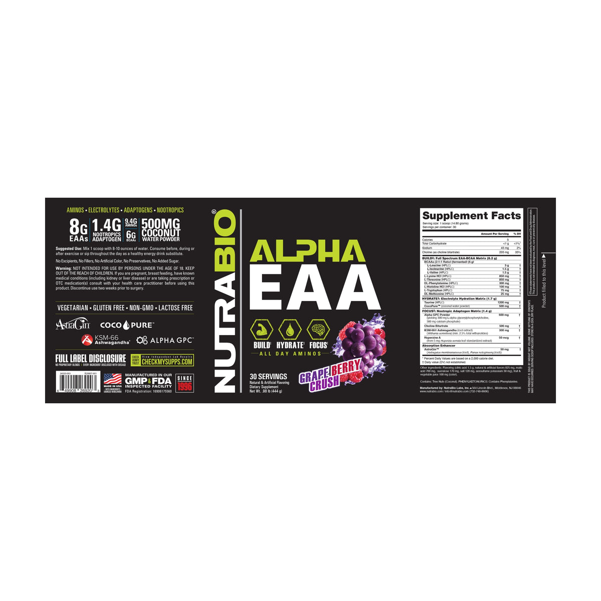 NutraBio Alpha EAA – 30 Servings — Supplement Facts 18 — complete label