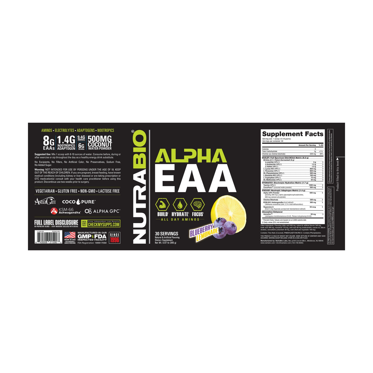 NutraBio Alpha EAA – 30 Servings — Supplement Facts 14 — complete label